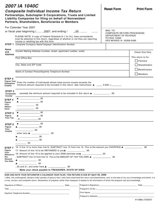 Fillable Form Ia 1040c - Composite Individual Income Tax Return - 2007 Printable pdf