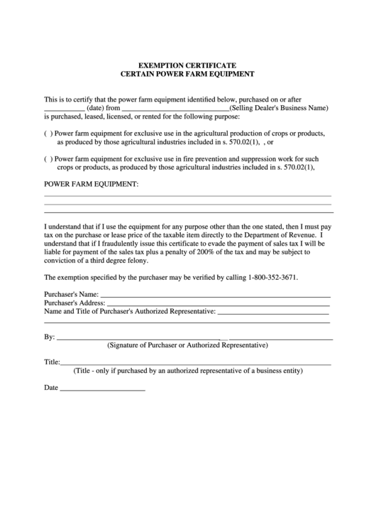 Exemption Certificate Certain Power Farm Equipment Form Printable pdf