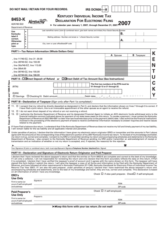 Form 8453-K - Kentucky Individual Income Tax Declaration For Electronic Filing - 2007 Printable pdf