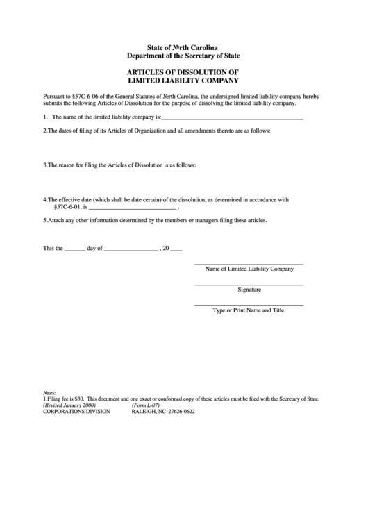 Form L-07 - Articles Of Dissolution Of Limited Liability Company Printable pdf