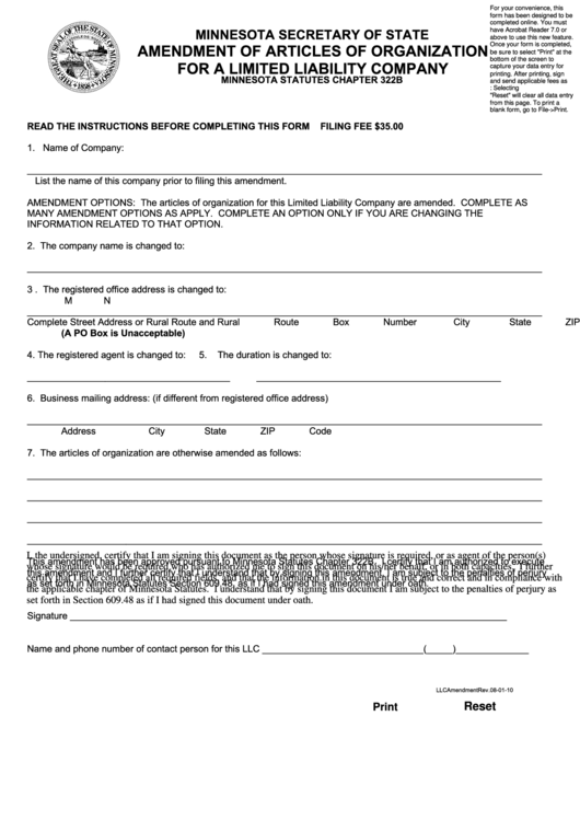 Fillable Amendment Of Articles Of Organization For A Limited Liability Company Form Printable pdf