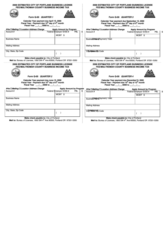 Form Q-00 - Estimated City Of Portland Business License Fee/multnomah County Business Income Tax - 2000 Printable pdf