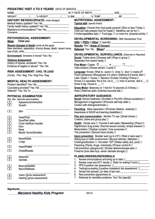 Fillable Pediatric Visit 4 To 5 Years Form Printable pdf