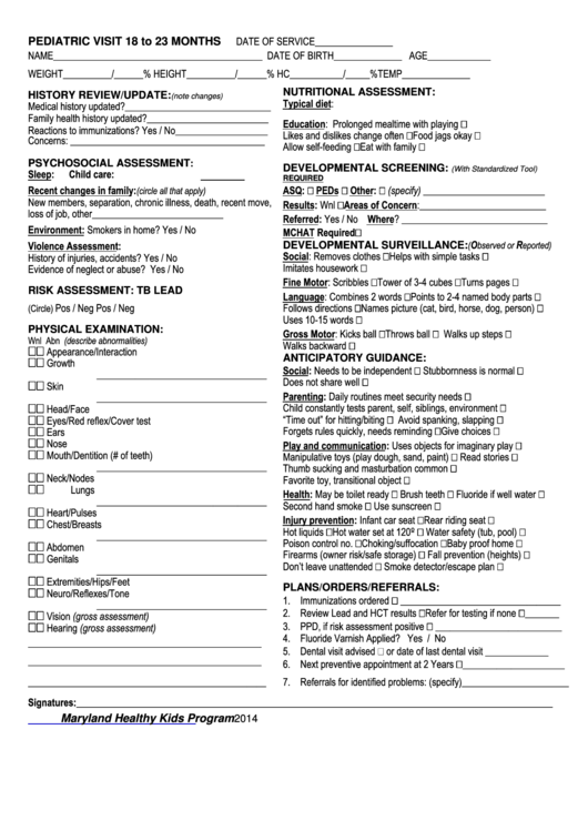 Fillable Pediatric Visit 18 To 23 Months Form - Maryland Healthy Kids Program 2014 Printable pdf