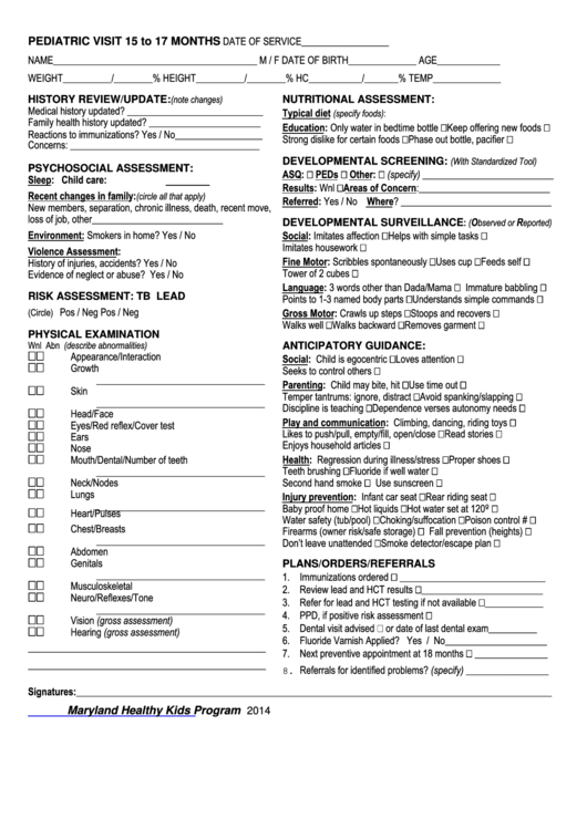 Fillable Pediatric Visit 15 To 17 Months Form - Maryland Healthy Kids Program 2014 Printable pdf