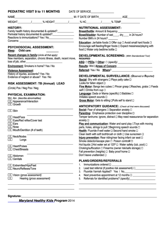 Fillable Pediatric Visit 9 To 11 Months Form - Maryland Healthy Kids Program Printable pdf