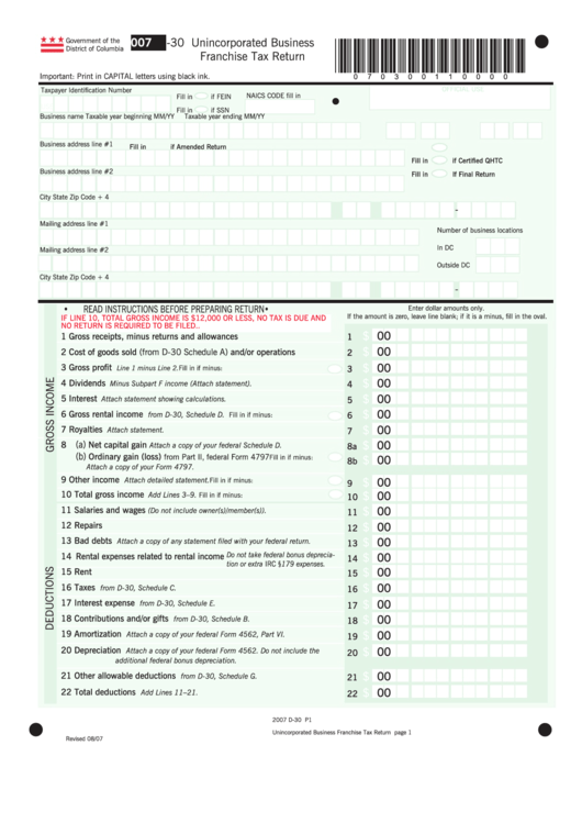 Form D-30 - Unincorporated Business Franchise Tax Return - 2007 Printable pdf
