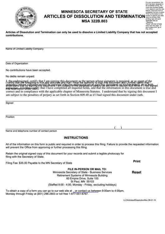 Fillable Articles Of Dissolution And Termination Minnesota Secretary