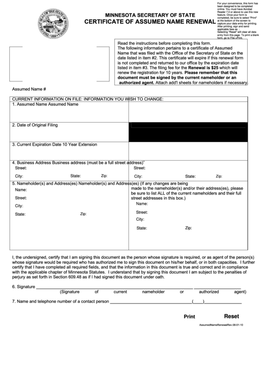 Fillable Certificate Of Assumed Name Renewal - Minnesota Secretary Of State Printable pdf