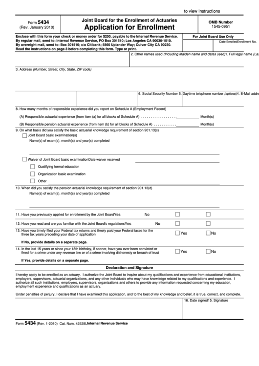Fillable Form 5434 - Application For Enrollment Form - Joint Board For The Enrollment Of Actuaries - 2010 Printable pdf