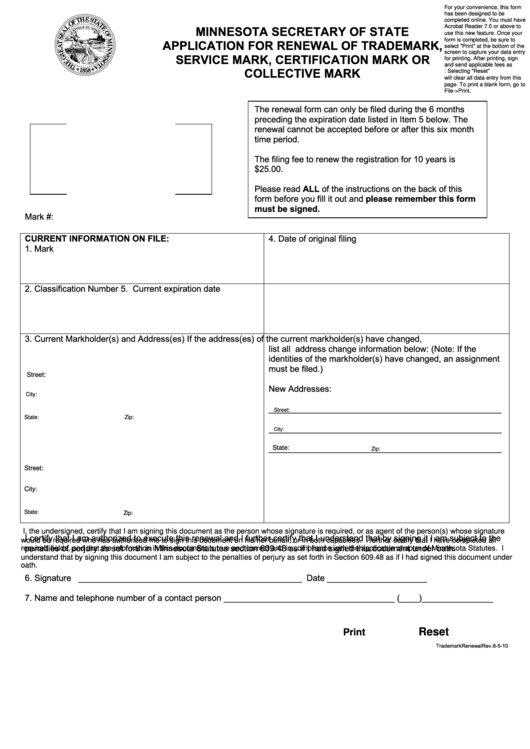 Fillable Application For Renewal Of Trademark, Service Mark, Certification Mark Or Collective Mark Printable pdf