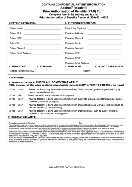 Prior Authorization Of Benefits (Pab) Form Printable pdf