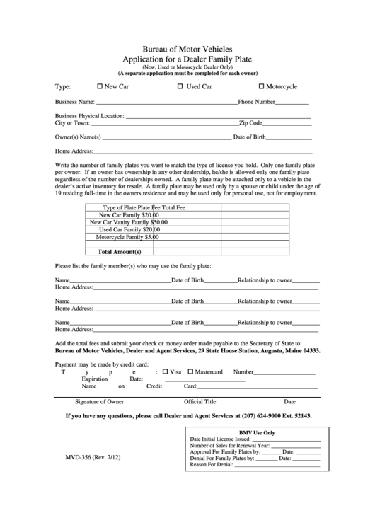 Fillable Application For A Dealer Family Plate-Bureau Of Motor Vehicl Form Es Printable pdf