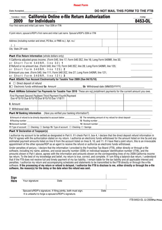 Fillable Form 8453-Ol - California Online E-File Return Authorization For Individuals - 2009 Printable pdf