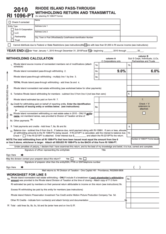 Form Ri 1096-Pt - Rhode Island Pass-Through Withholding Return And Transmittal - 2010 Printable pdf