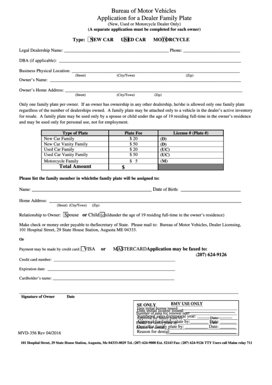 Form Mvd-356dealer Family Plate Application-bureau Of Motor Vehicles Form