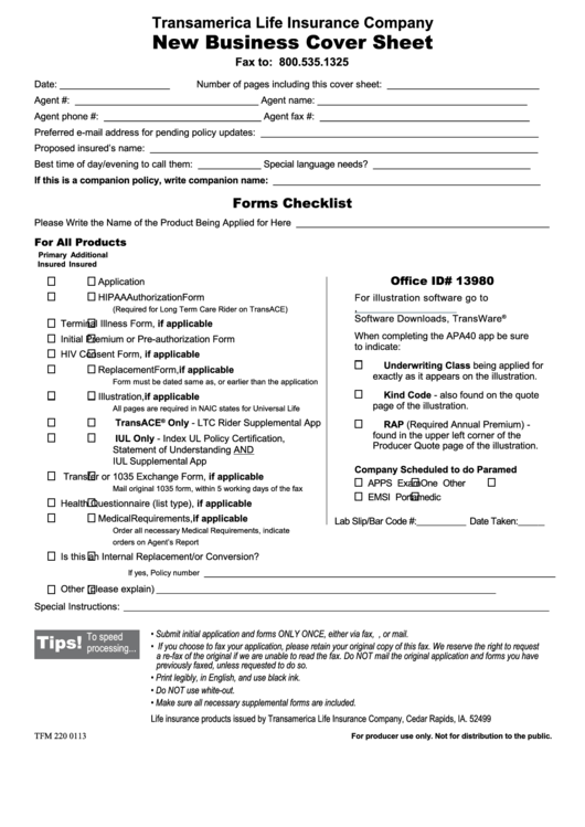 Form Tfm 220 0113 - New Business Cover Sheet Printable pdf