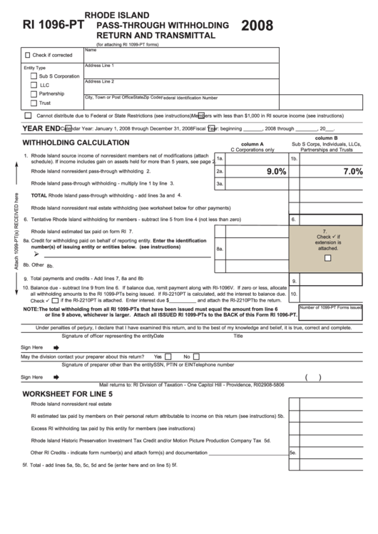 Form Ri 1096-Pt - Rhode Island Pass-Through Withholding Return And Transmittal - 2008 Printable pdf