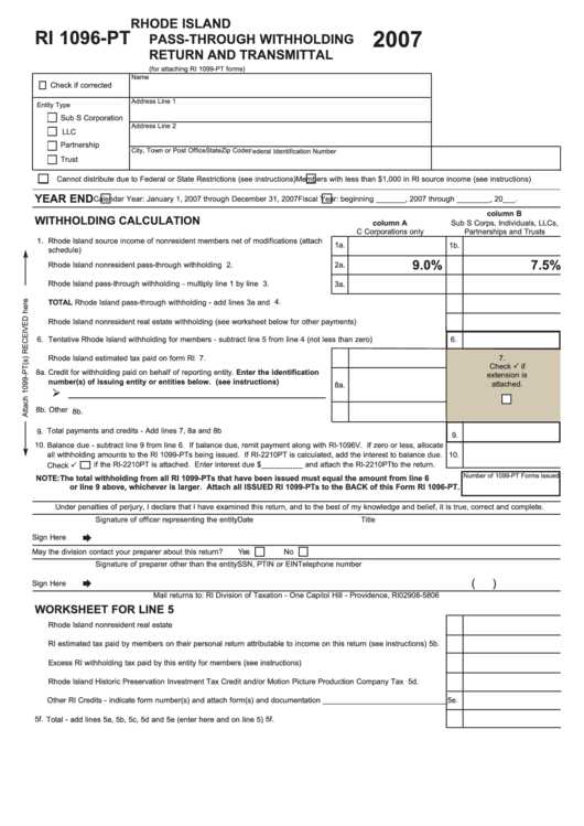 Form Ri 1096-Pt - Rhode Island Pass-Through Withholding Return And Transmittal - 2007 Printable pdf