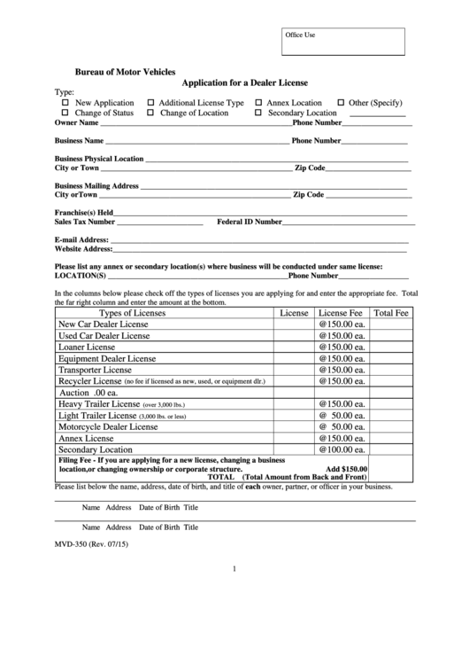 Fillable Form Mvd-350-Dealer License Application Printable pdf
