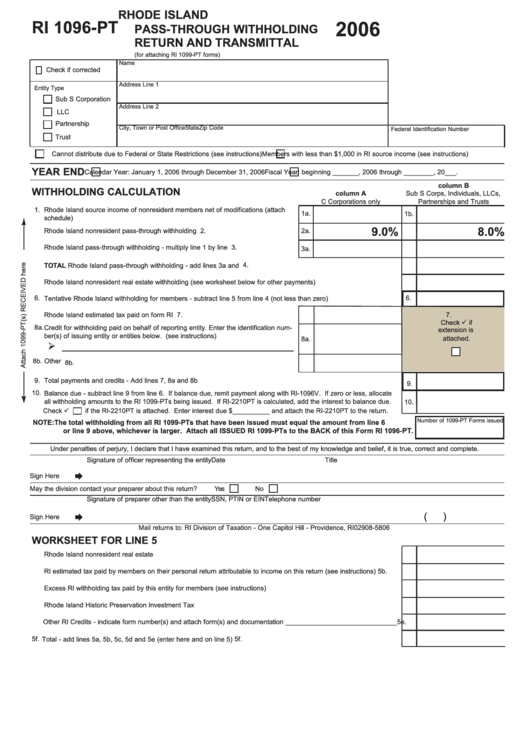 Form Ri 1096-Pt - Rhode Island Pass-Through Withholding Return And Transmittal - 2006 Printable pdf