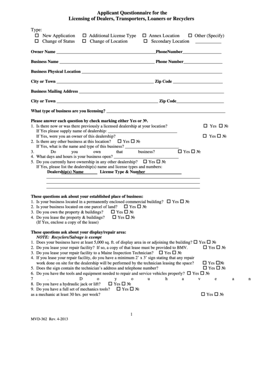 Fillable Form Mvd-362 - Applicant Questionnaire For Licensing Of Dealers, Transporters, Loaners Or Recyclers Printable pdf