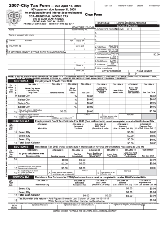 Fillable Cca Form 120-16-Ir - Municipal Income Tax - 2007 Printable pdf