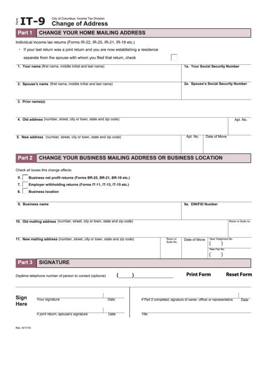 Fillable Form It-9 - Change Of Address - City Of Columbus Income Tax Division - 2015 Printable pdf