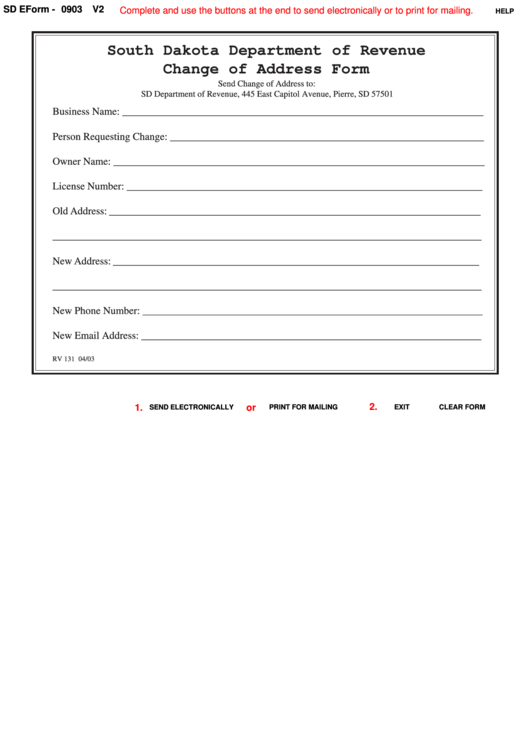 Fillable Sd Eform 0903 - Change Of Address Form Printable pdf