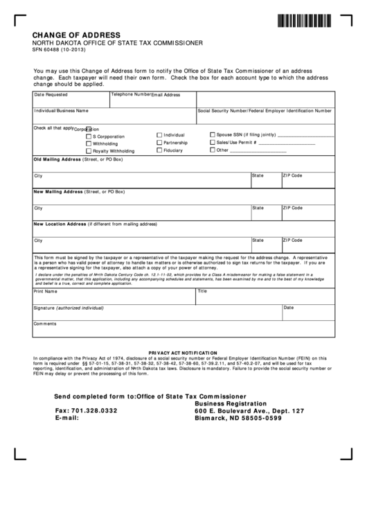 Fillable Form Sfn 60488 - Change Of Address - North Dakota Office Of State Tax Commissioner Printable pdf