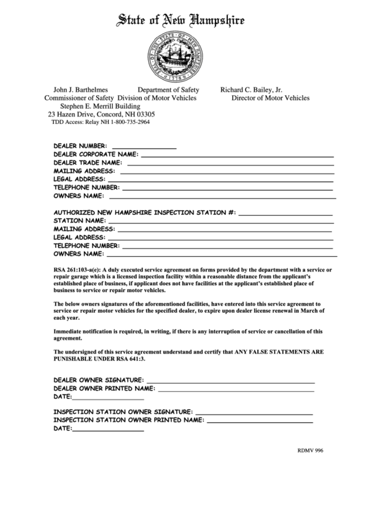 Fillable Form Rdmv 996 -Vehicle Dealer Owner Registration Printable pdf