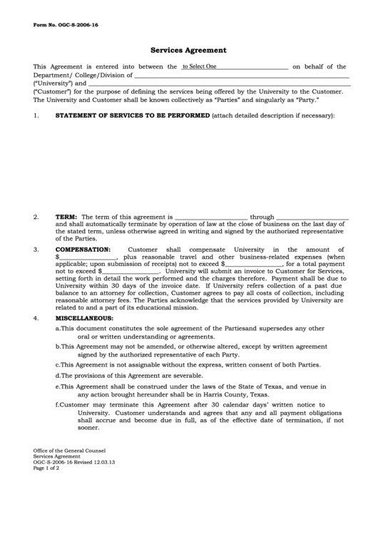 Fillable Form No. Ogc -S-Services Agreement Form - 2016 Printable pdf