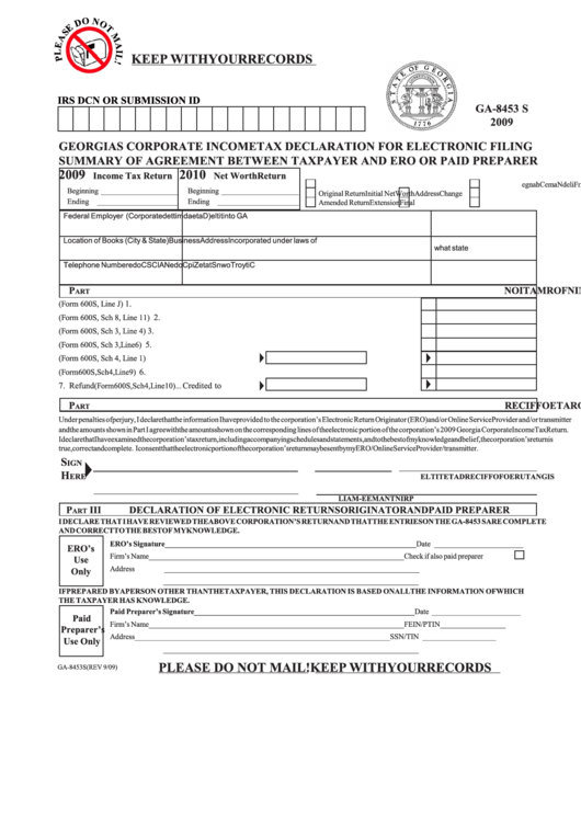 Form Ga-8453 S - Corporate Income Tax Declaration For Electronic Filing - 2009 Printable pdf