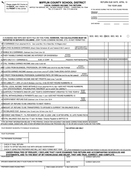 Local Earned Income Tax Return Form - 2005 Printable pdf