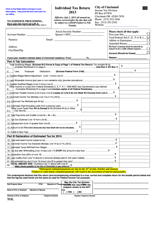 Fillable Individual Tax Return Form 2013 - City Of Cincinnati - Income Tax Division Printable pdf