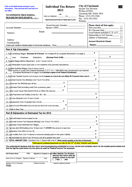 Fillable Individual Tax Return Form 2012 - City Of Cincinnati - Income Tax Division Printable pdf