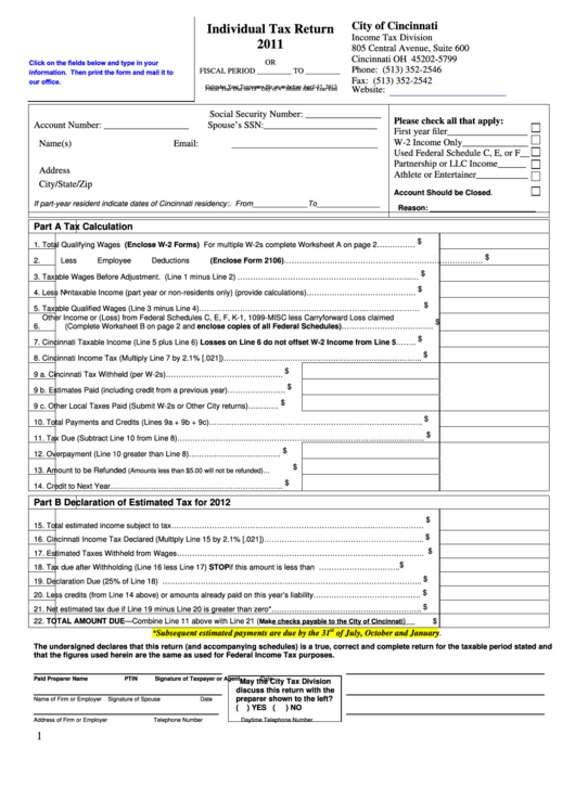 Fillable Individual Tax Return Form 2011 - City Of Cincinnati Income Tax Division Printable pdf