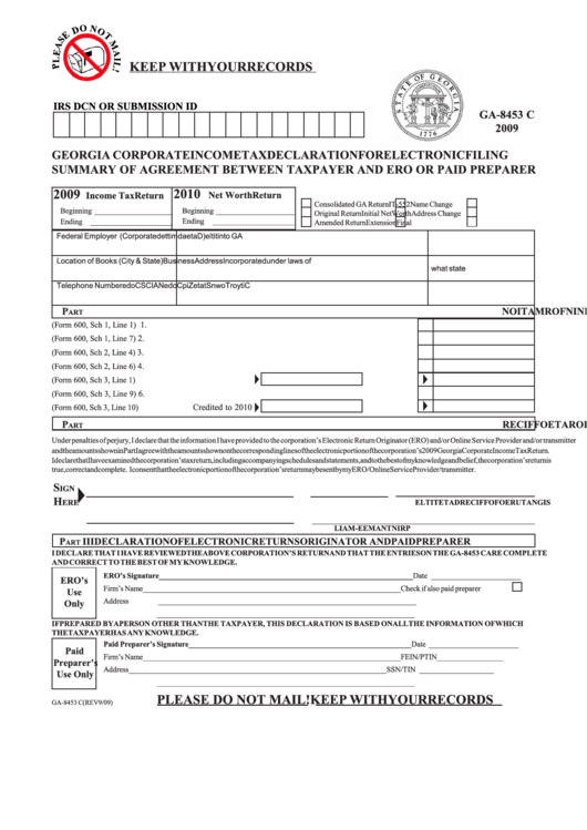 Form Ga-8453 C - Georgia Corporate Income Tax Declaration For Electronic Filing - 2009 Printable pdf