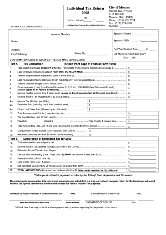 Individual Tax Return Form - City Of Monroe - 2008 Printable pdf