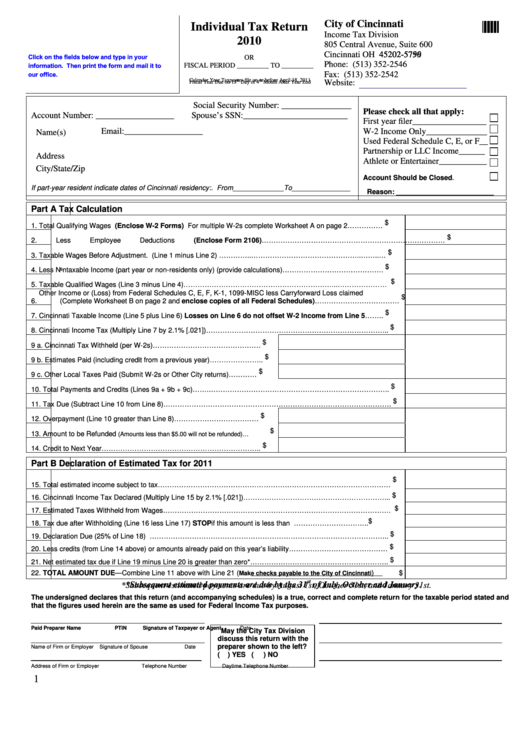 Fillable Individual Tax Return - City Of Cincinnati - 2010 Printable pdf