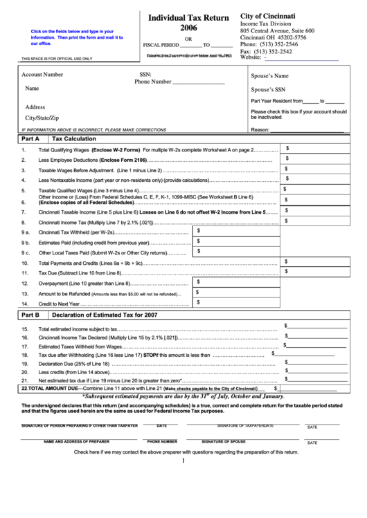 Fillable Individual Tax Return - City Of Cincinnati - 2006 printable ...