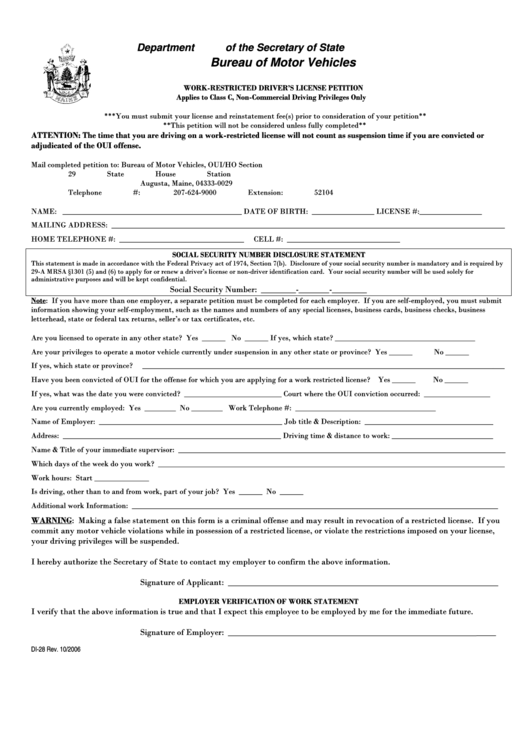 Fillable Form Di-28-Restricted Drivers License Petition-Bureau Of Motor Vehicles-Form Printable pdf