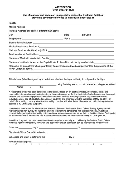 Attestation Form (Psych Under 21 Rule ) Printable pdf