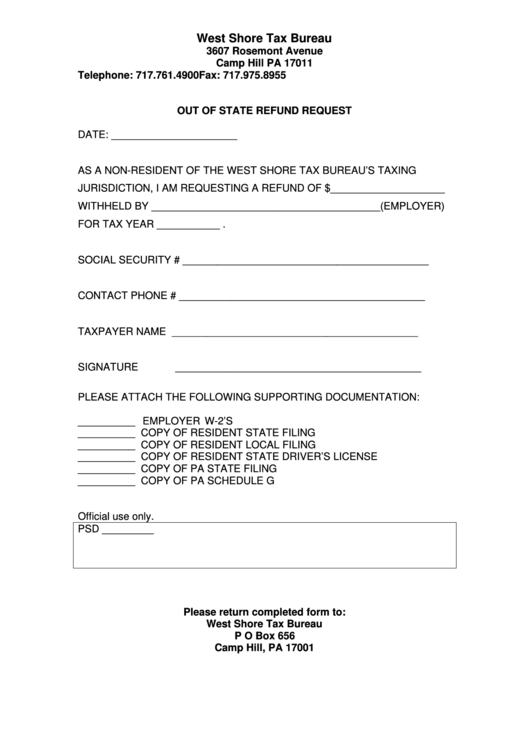 Out Of State Refund Request Form - West Shore Tax Bureau Printable pdf