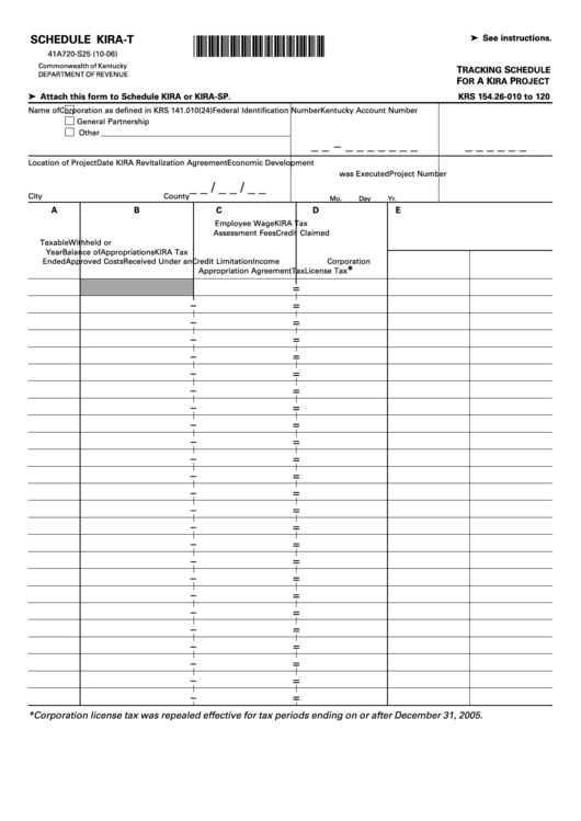 Form 41a720-S25 - Schedule Kira-T - Tracking Schedule For A Kira Project Printable pdf