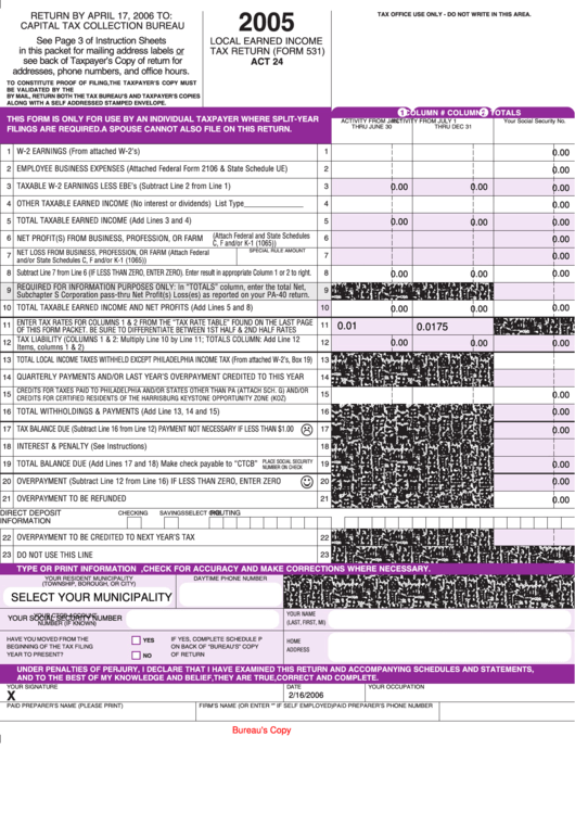 Fillable Form 531 - Local Earned Income Tax Return - 2005 Printable pdf
