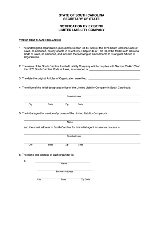Fillable Notification By Existing Limited Liability Company Form - State Of South Carolina Secretary Of State Printable pdf