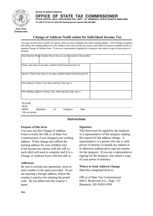 Fillable Change Of Address Notifi Cation For Individual Income Tax Form - Office Of State Tax Commissioner - State Of North Dakota Printable pdf