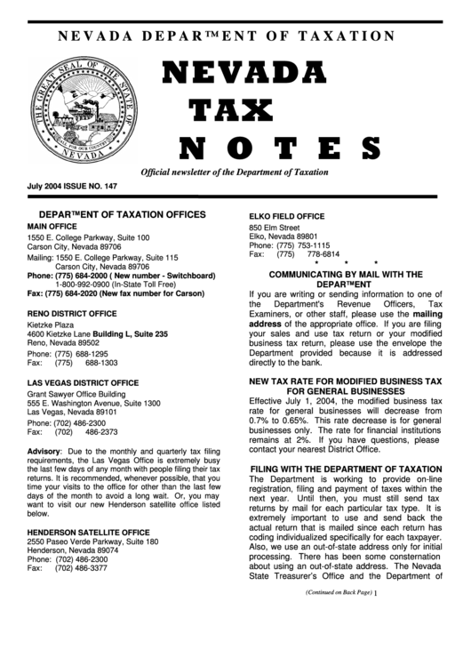 Nevada Tax Notes Form - Nevada Department Of Taxation Printable pdf