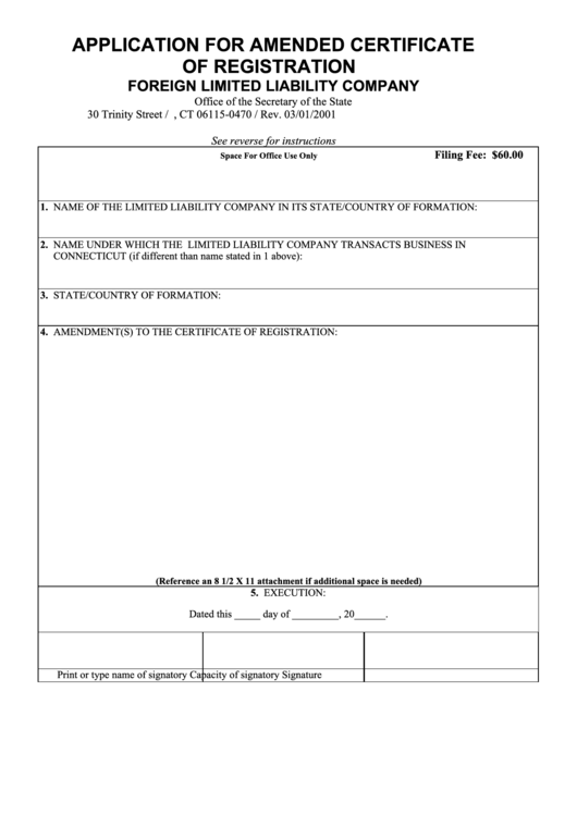 Application For Amended Certificate Of Registration (Foreign Limited Liability Company) - Connecticut Secretary Of The State Printable pdf